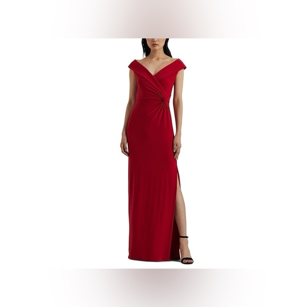 Lauren Ralph Lauren NWT Women's Red Jersey Off-the-Shoulder Gown - Picture 10 of 15